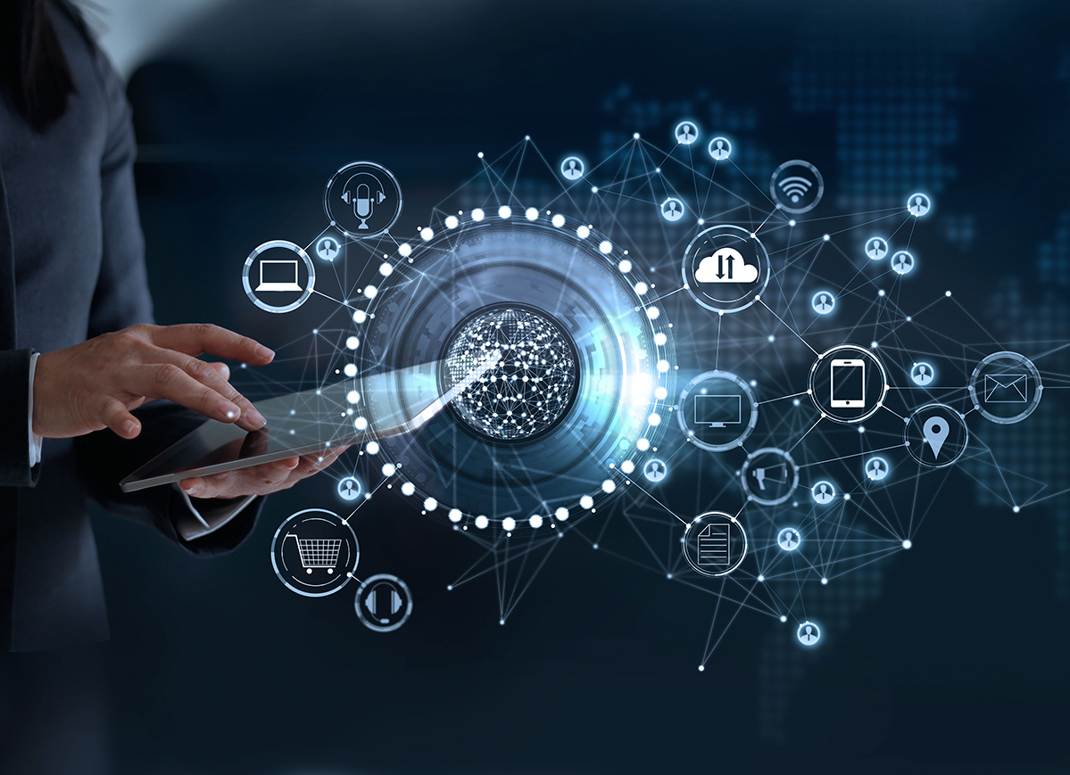graphics and icons overlayed over person holding tablet