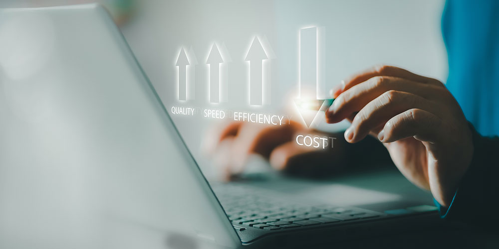 person typing on laptop with quality, speed, efficiency, cost arrows