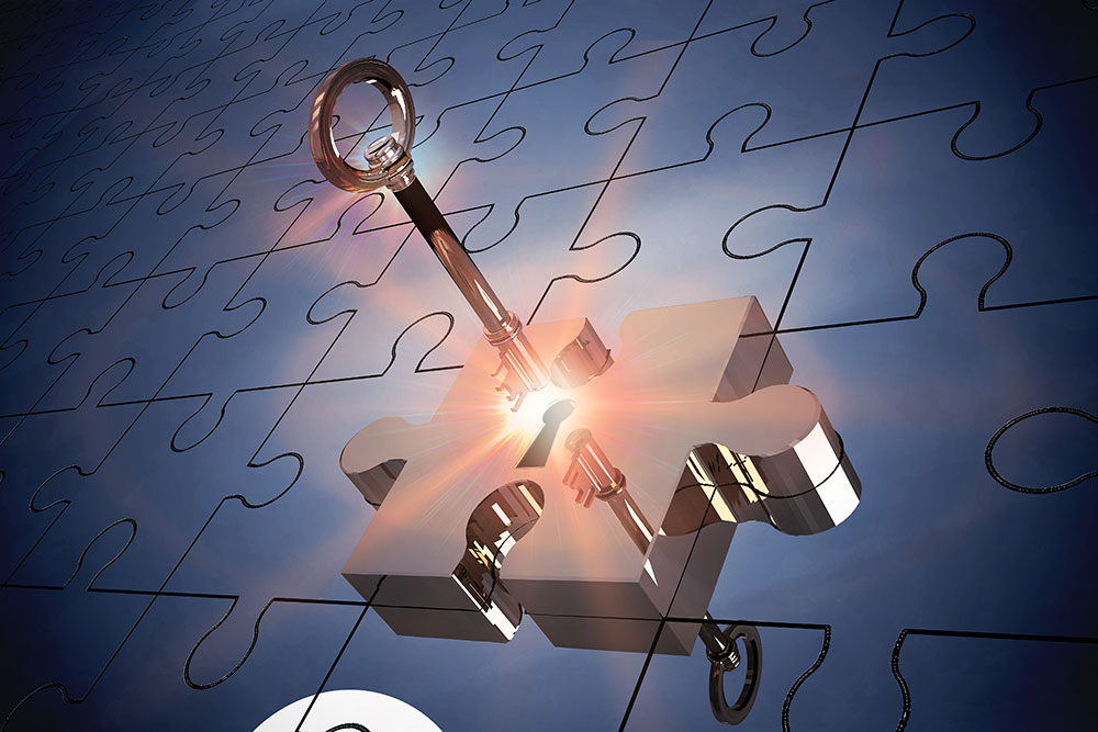 puzzle piece and key 3d graphic