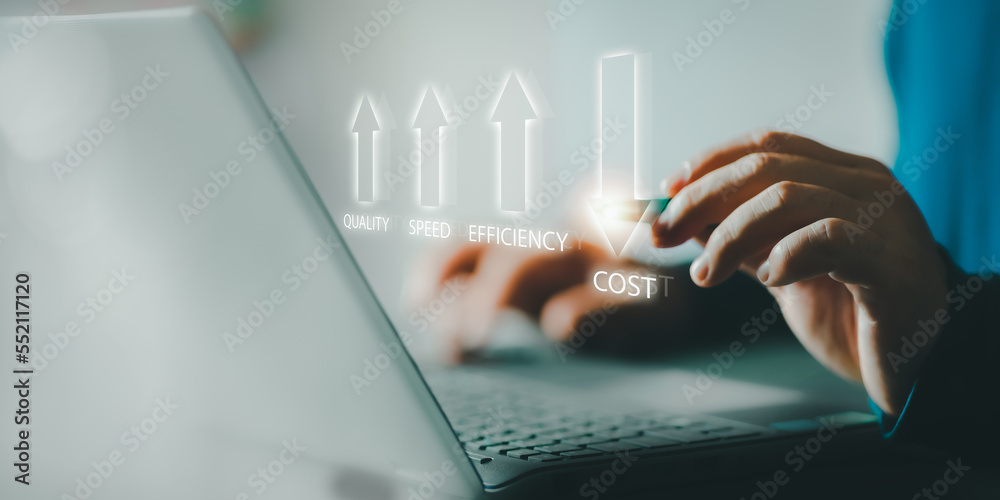 person typing on laptop quality speed efficiency cost arrows